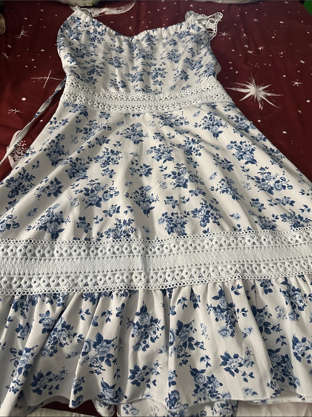 Blue Floral Lace-Trim Girls' Cotton Sundress